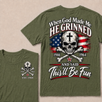 Custom EST Year When God Made Me He Grinned And Said This'll Be Fun 1946-1964 Boomer Skull American Flag T-Shirt