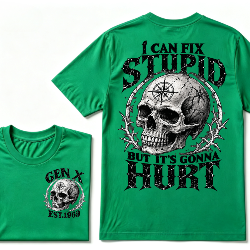 Gen X EST.Year Skull Compass I Can Fix Stupid But It's Gonna Hurt Vintage Graphic T-Shirt