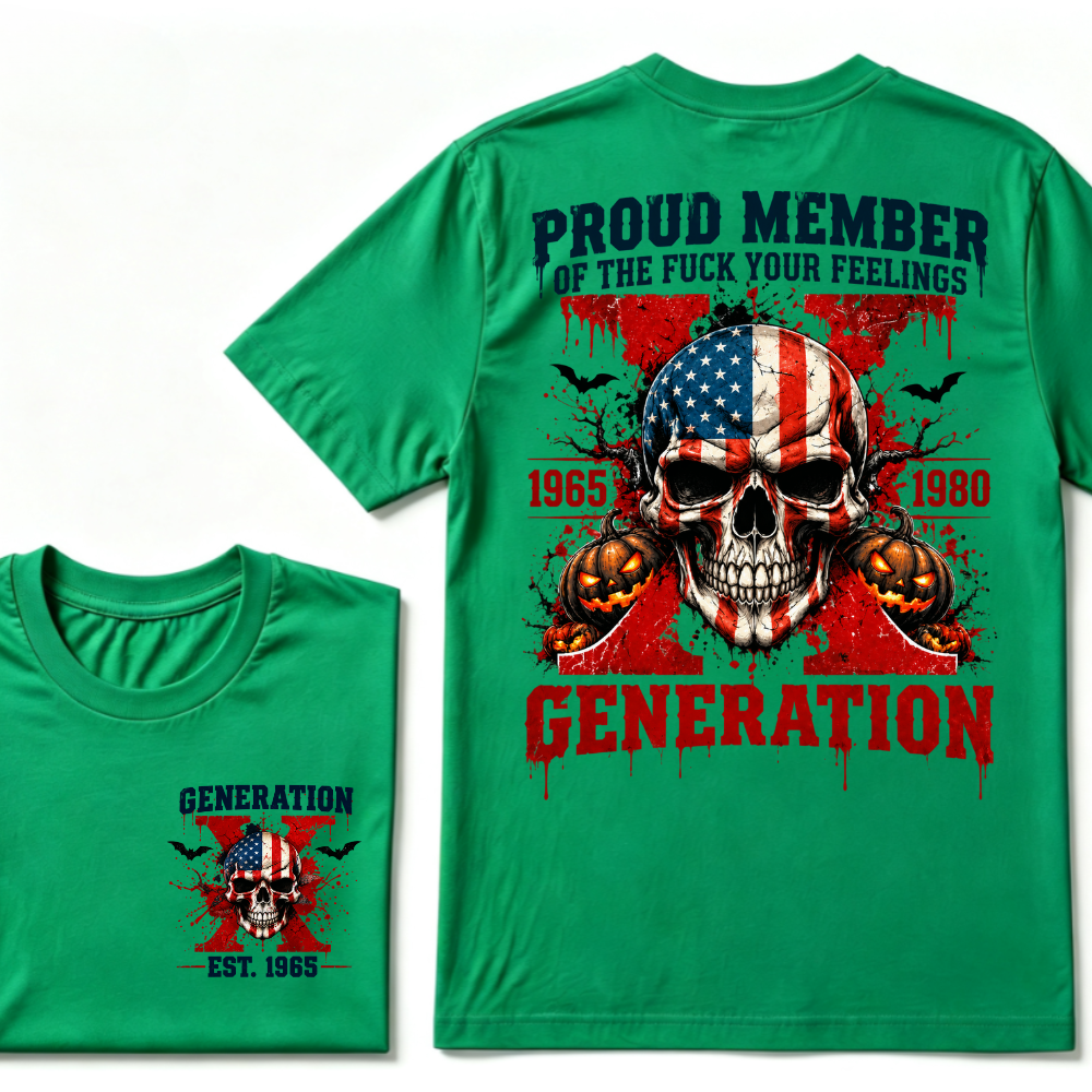 Gen X Proud Member Generation X 1965-1980 EST.Year American Flag Skull Halloween Pumpkin Print T-shirt, Patriotic Retro Gen X Graphic Tee