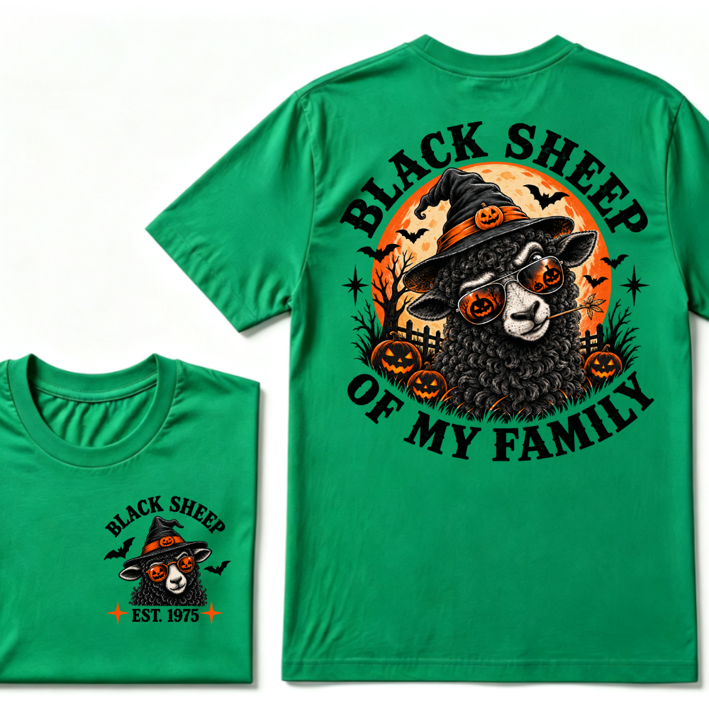 Black Sheep Of My Family EST.Year Halloween Witch Sheep T-Shirt, Pumpkin Bat Moon Spooky Front Back Print Graphic Tee