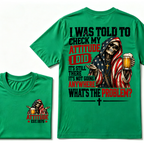 I Was Told To Check My Attitude American Flag Skeleton Beer Cross EST.Year Double Sided Print T‑Shirt
