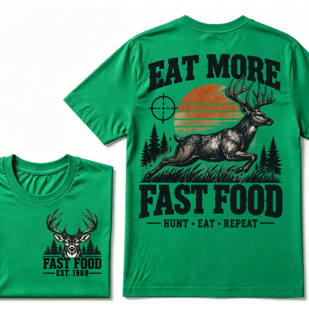 Eat More Fast Food Hunt Eat Repeat EST.Year Deer Hunting Retro Sunset Vintage Hunter Graphic Tee