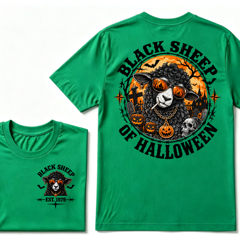 Black Sheep Of Halloween EST.Year Cool Sheep Sunglasses Pumpkin Graveyard Print T‑Shirt Retro Halloween Graphic Tee