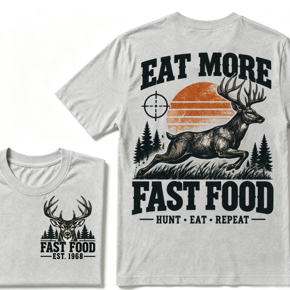 Eat More Fast Food Hunt Eat Repeat EST.Year Deer Hunting Retro Sunset Vintage Hunter Graphic Tee