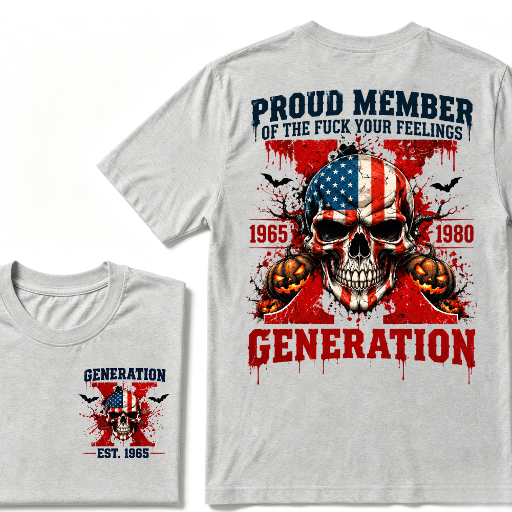 Gen X Proud Member Generation X 1965-1980 EST.Year American Flag Skull Halloween Pumpkin Print T-shirt, Patriotic Retro Gen X Graphic Tee
