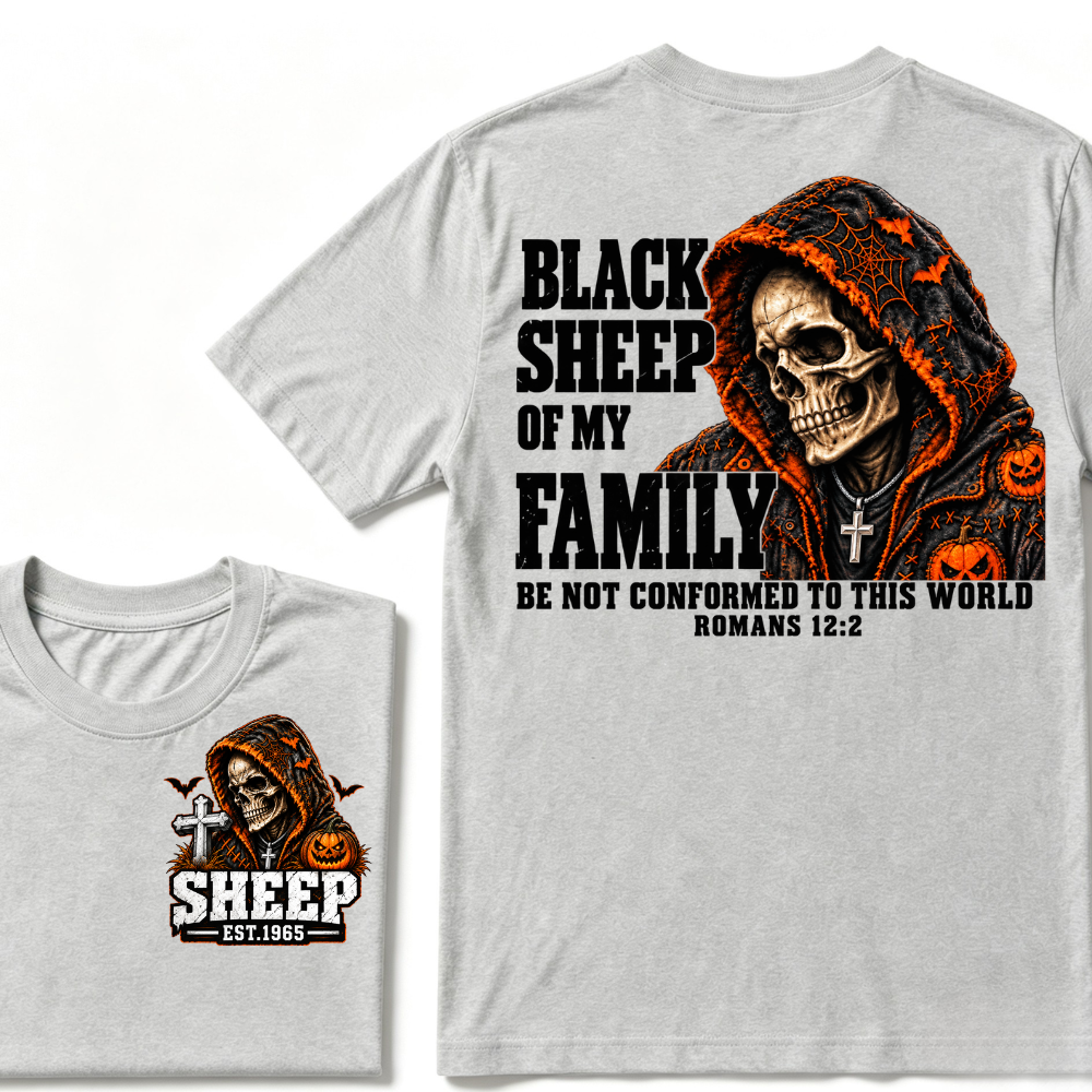 Black Sheep Of My Family Halloween Skull Hooded T-Shirt, Be Not Conformed To This World Romans 12:2 Christian EST.Year Pumpkin Bat Print Graphic Tee