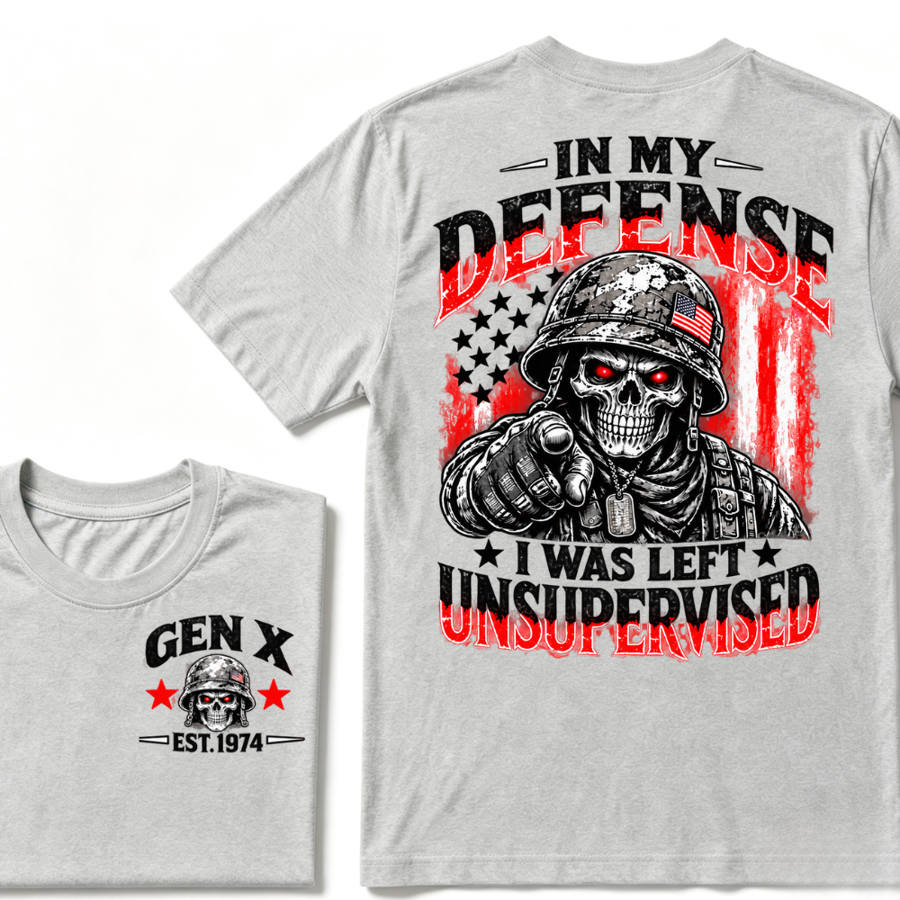Gen X EST.Year In My Defense I Was Left Unsupervised Soldier Skull American Flag Graphic T-Shirt