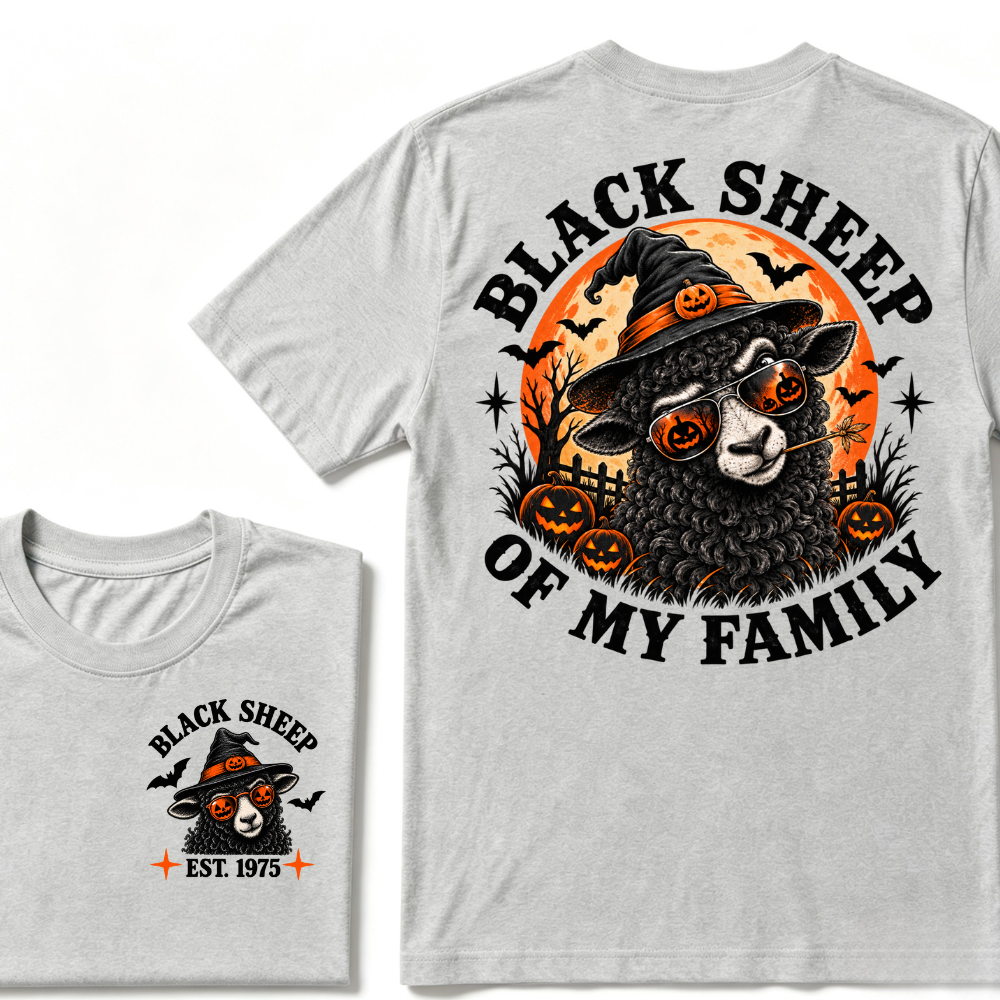 Black Sheep Of My Family EST.Year Halloween Witch Sheep T-Shirt, Pumpkin Bat Moon Spooky Front Back Print Graphic Tee