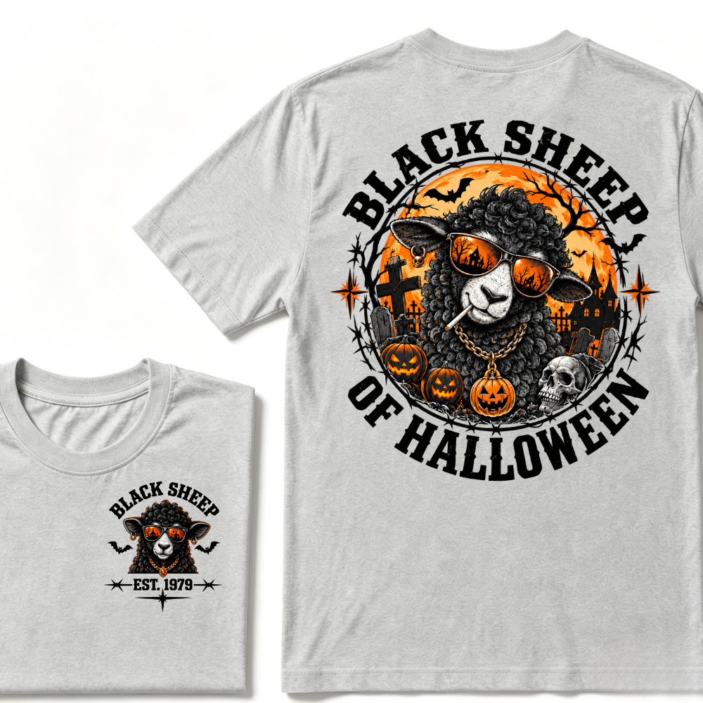 Black Sheep Of Halloween EST.Year Cool Sheep Sunglasses Pumpkin Graveyard Print T‑Shirt Retro Halloween Graphic Tee