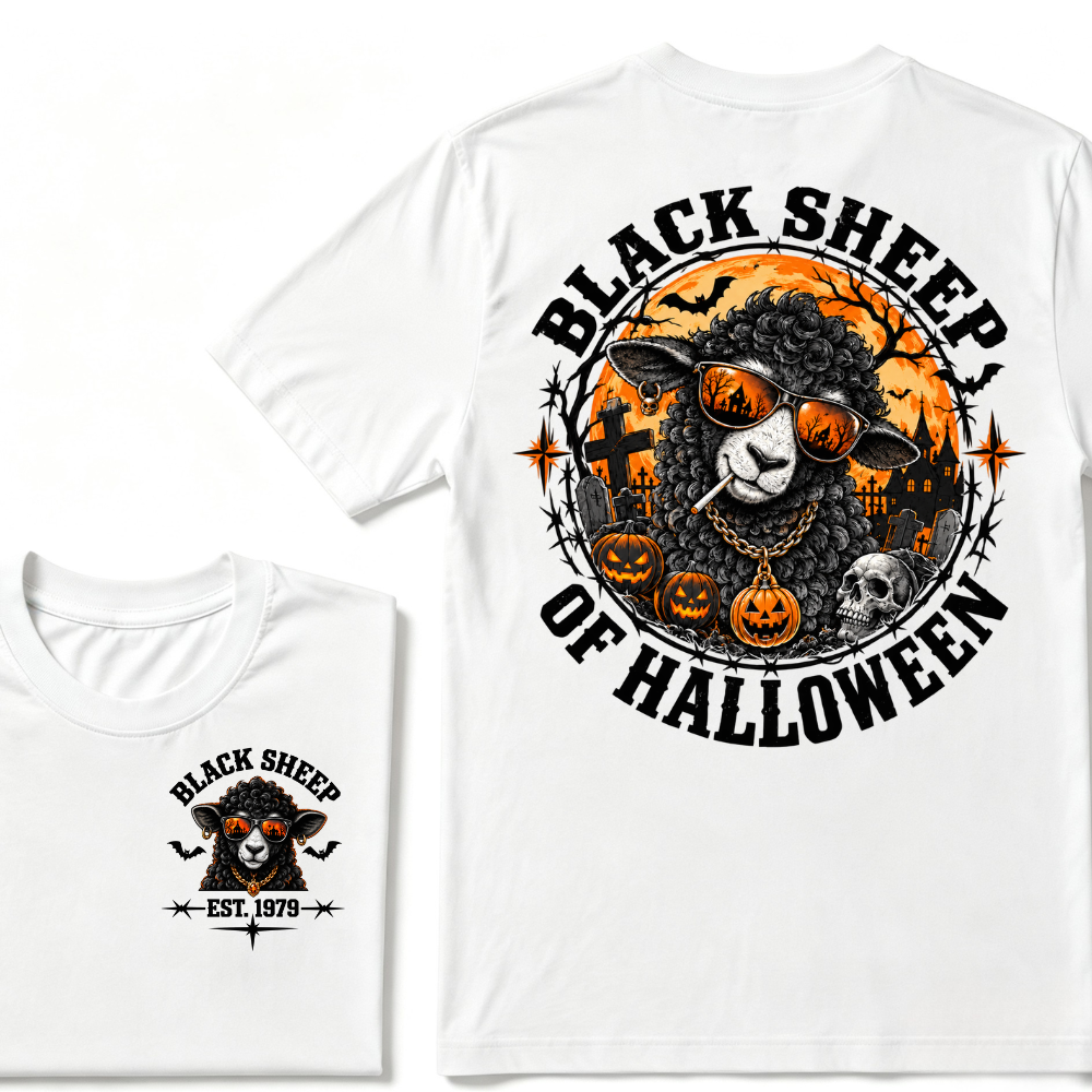 Black Sheep Of Halloween EST.Year Cool Sheep Sunglasses Pumpkin Graveyard Print T‑Shirt Retro Halloween Graphic Tee