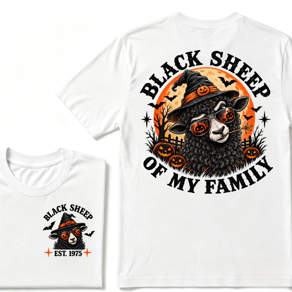 Black Sheep Of My Family EST.Year Halloween Witch Sheep T-Shirt, Pumpkin Bat Moon Spooky Front Back Print Graphic Tee