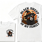 Black Sheep Of My Family EST.Year Halloween Witch Sheep T-Shirt, Pumpkin Bat Moon Spooky Front Back Print Graphic Tee