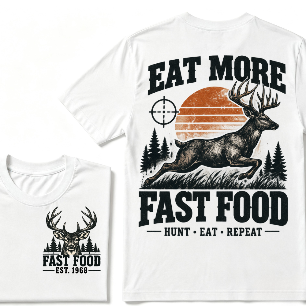 Eat More Fast Food Hunt Eat Repeat EST.Year Deer Hunting Retro Sunset Vintage Hunter Graphic Tee