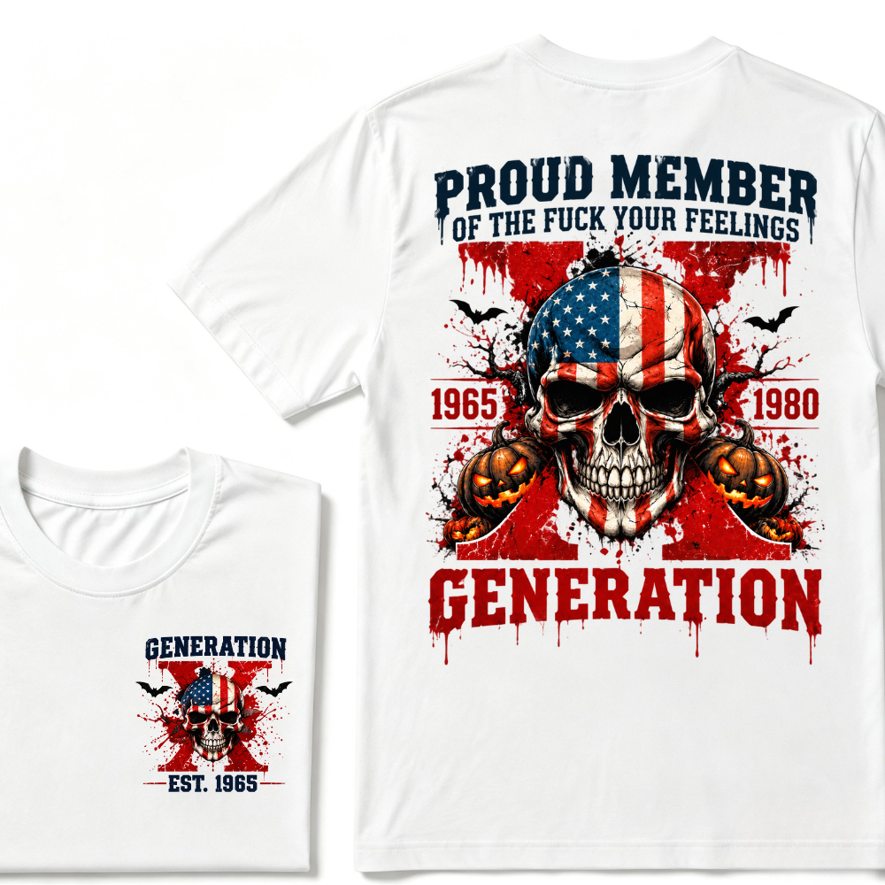 Gen X Proud Member Generation X 1965-1980 EST.Year American Flag Skull Halloween Pumpkin Print T-shirt, Patriotic Retro Gen X Graphic Tee