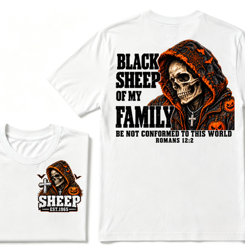 Black Sheep Of My Family Halloween Skull Hooded T-Shirt, Be Not Conformed To This World Romans 12:2 Christian EST.Year Pumpkin Bat Print Graphic Tee