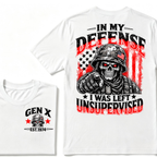 Gen X EST.Year In My Defense I Was Left Unsupervised Soldier Skull American Flag Graphic T-Shirt