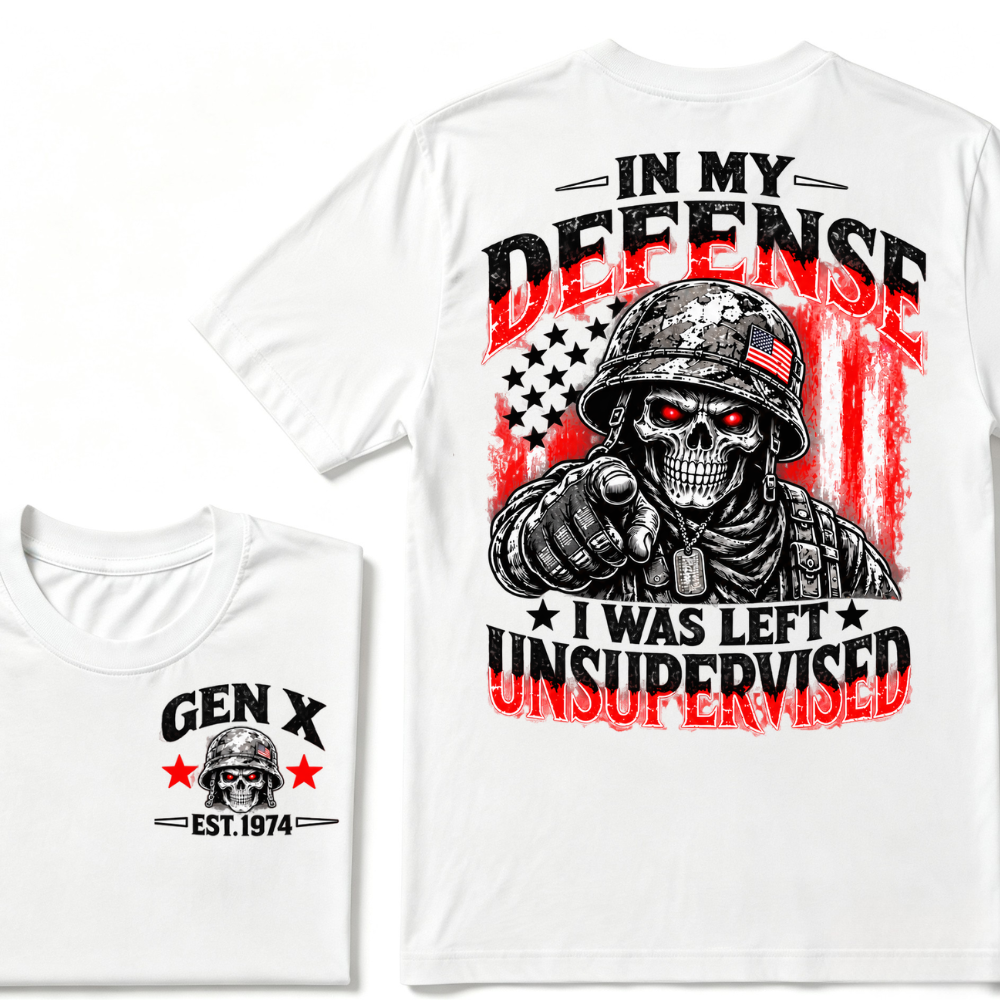 Gen X EST.Year In My Defense I Was Left Unsupervised Soldier Skull American Flag Graphic T-Shirt
