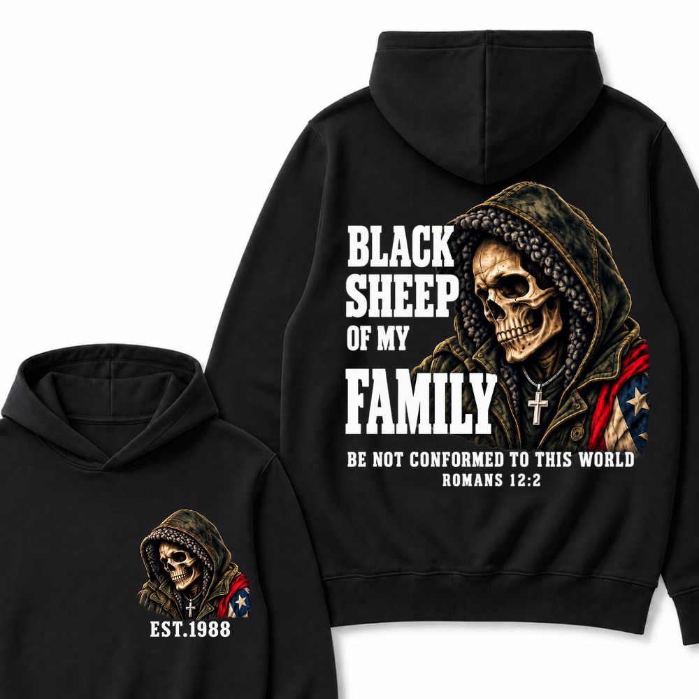Custom EST Year Black Sheep Of My Family Romans 12:2 Bible Verse Skull Hoodie