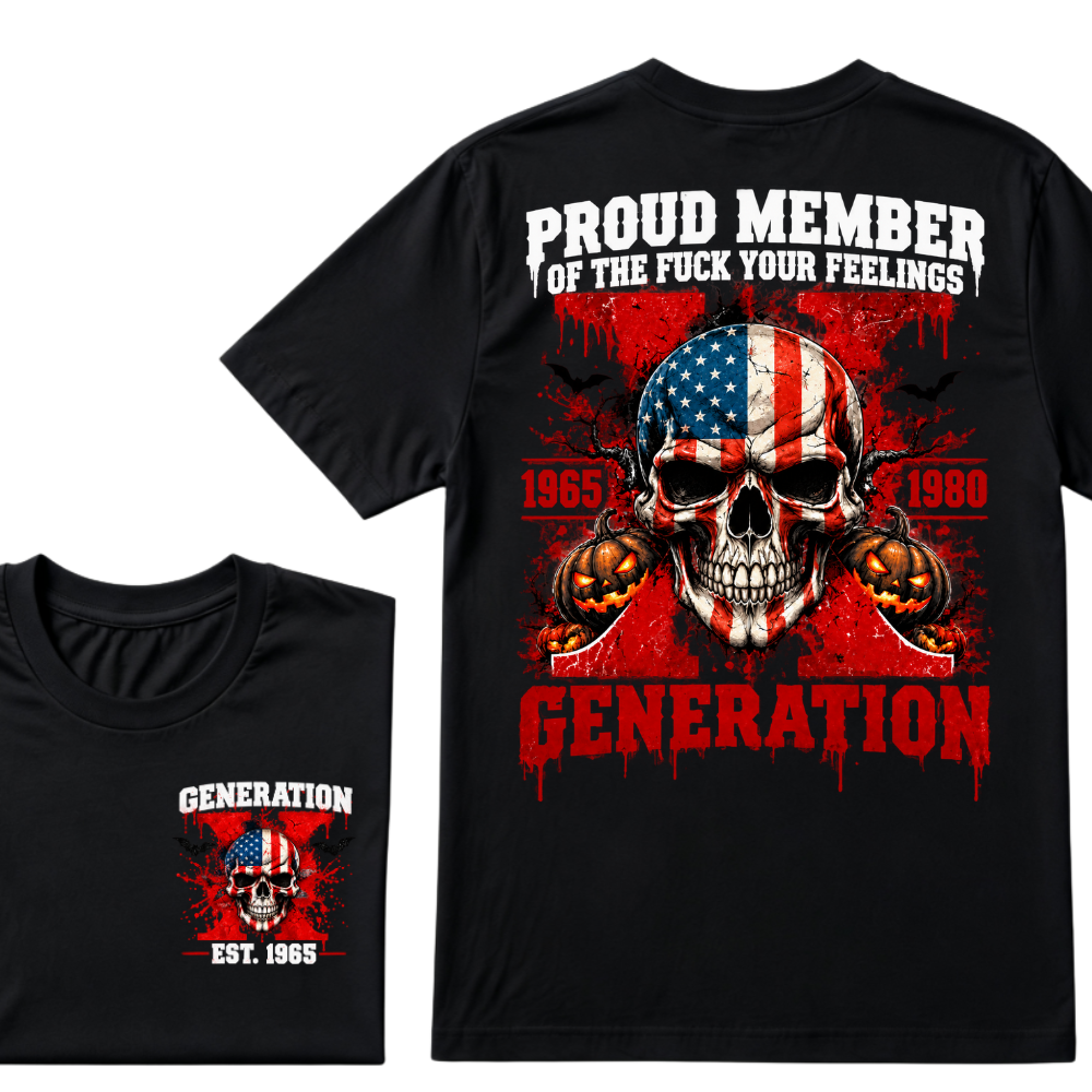 Gen X Proud Member Generation X 1965-1980 EST.Year American Flag Skull Halloween Pumpkin Print T-shirt, Patriotic Retro Gen X Graphic Tee