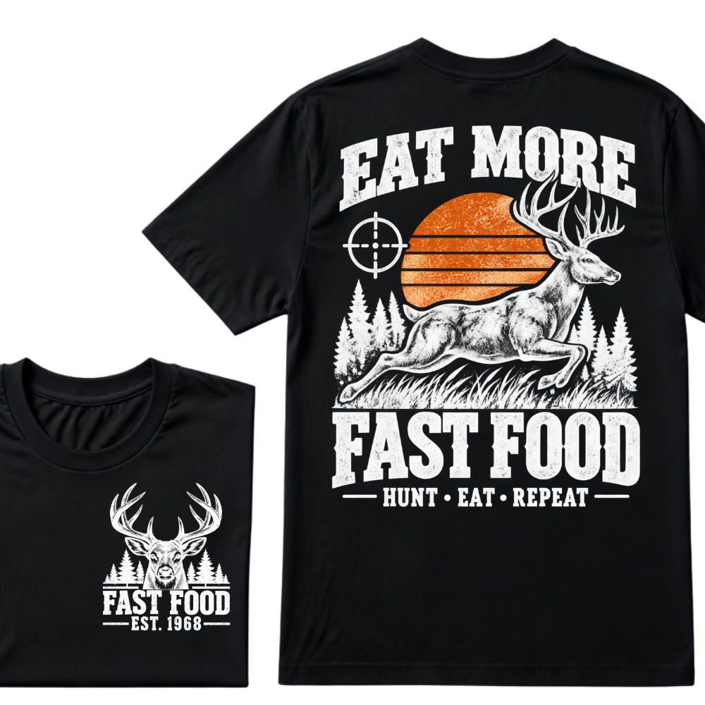 Eat More Fast Food Hunt Eat Repeat EST.Year Deer Hunting Retro Sunset Vintage Hunter Graphic Tee