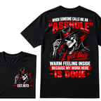WHEN SOMEONE CALLS ME AN “ASSHOLE” I Get This Warm Feeling Inside EST.Year Fedora Skeleton Print T‑Shirt