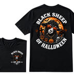 Black Sheep Of Halloween EST.Year Cool Sheep Sunglasses Pumpkin Graveyard Print T‑Shirt Retro Halloween Graphic Tee