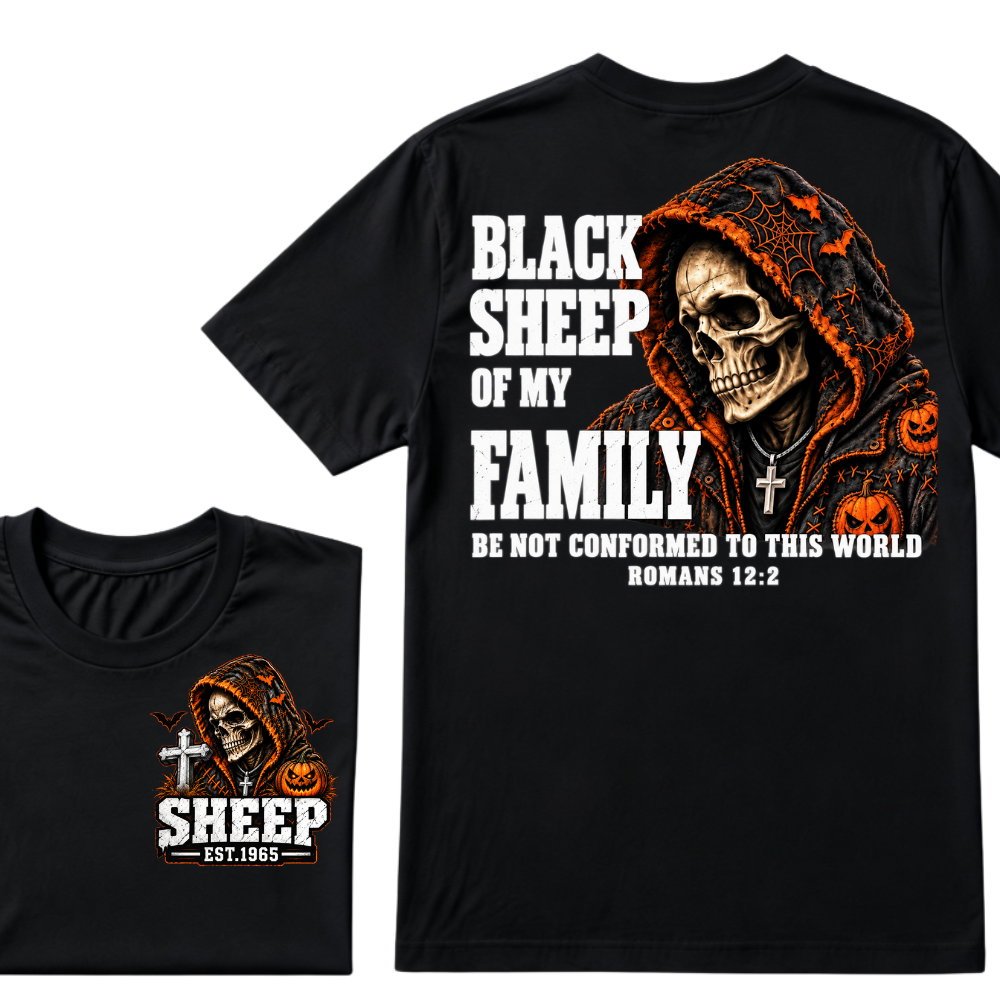 Black Sheep Of My Family Halloween Skull Hooded T-Shirt, Be Not Conformed To This World Romans 12:2 Christian EST.Year Pumpkin Bat Print Graphic Tee