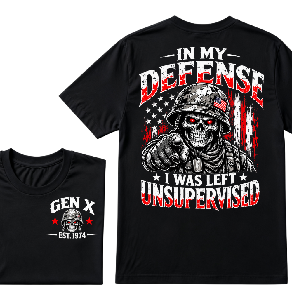 Gen X EST.Year In My Defense I Was Left Unsupervised Soldier Skull American Flag Graphic T-Shirt