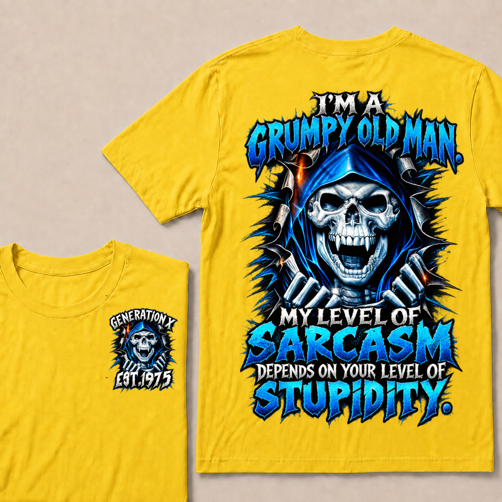 I'm A Grumpy Old Man My Level Of Sarcasm Depends On Your Level Of Stupidity Generation X EST.Year Blue Hooded Skull Double Sided Print T-Shirt
