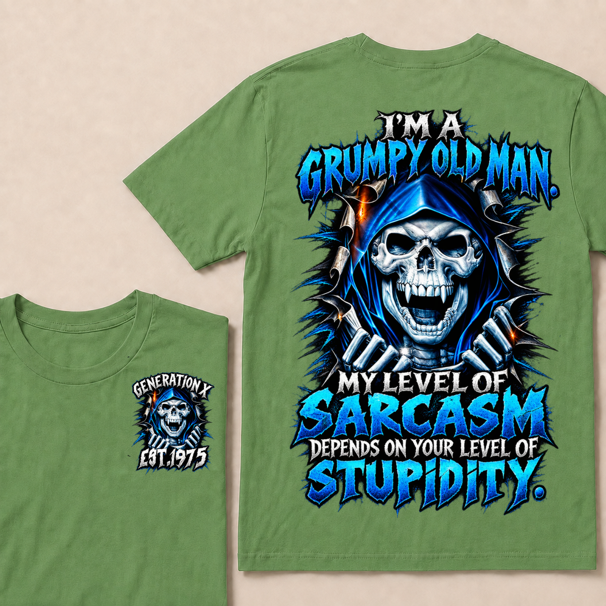 I'm A Grumpy Old Man My Level Of Sarcasm Depends On Your Level Of Stupidity Generation X EST.Year Blue Hooded Skull Double Sided Print T-Shirt
