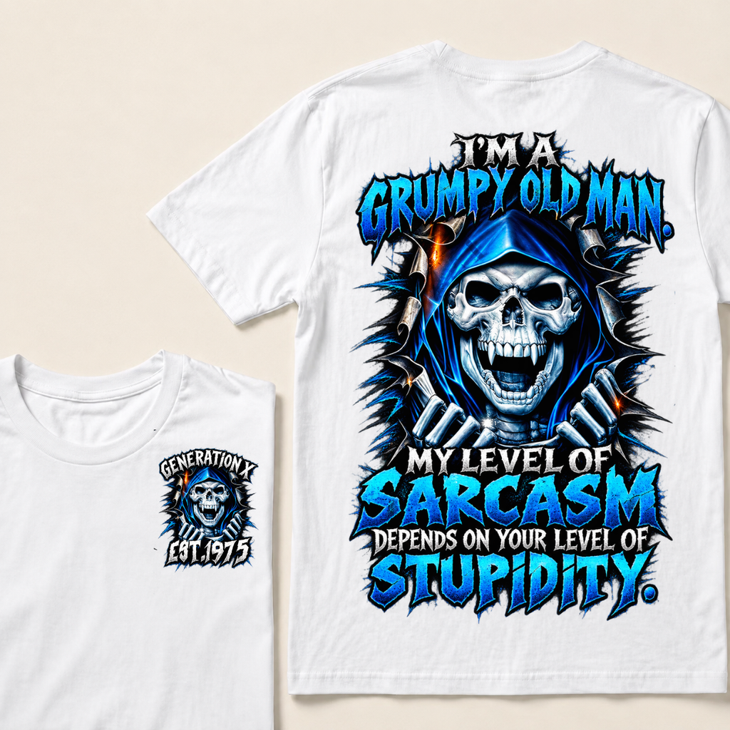 I'm A Grumpy Old Man My Level Of Sarcasm Depends On Your Level Of Stupidity Generation X EST.Year Blue Hooded Skull Double Sided Print T-Shirt