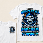 I'm A Grumpy Old Man My Level Of Sarcasm Depends On Your Level Of Stupidity Generation X EST.Year Blue Hooded Skull Double Sided Print T-Shirt