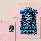 I'm A Grumpy Old Man My Level Of Sarcasm Depends On Your Level Of Stupidity Generation X EST.Year Blue Hooded Skull Double Sided Print T-Shirt