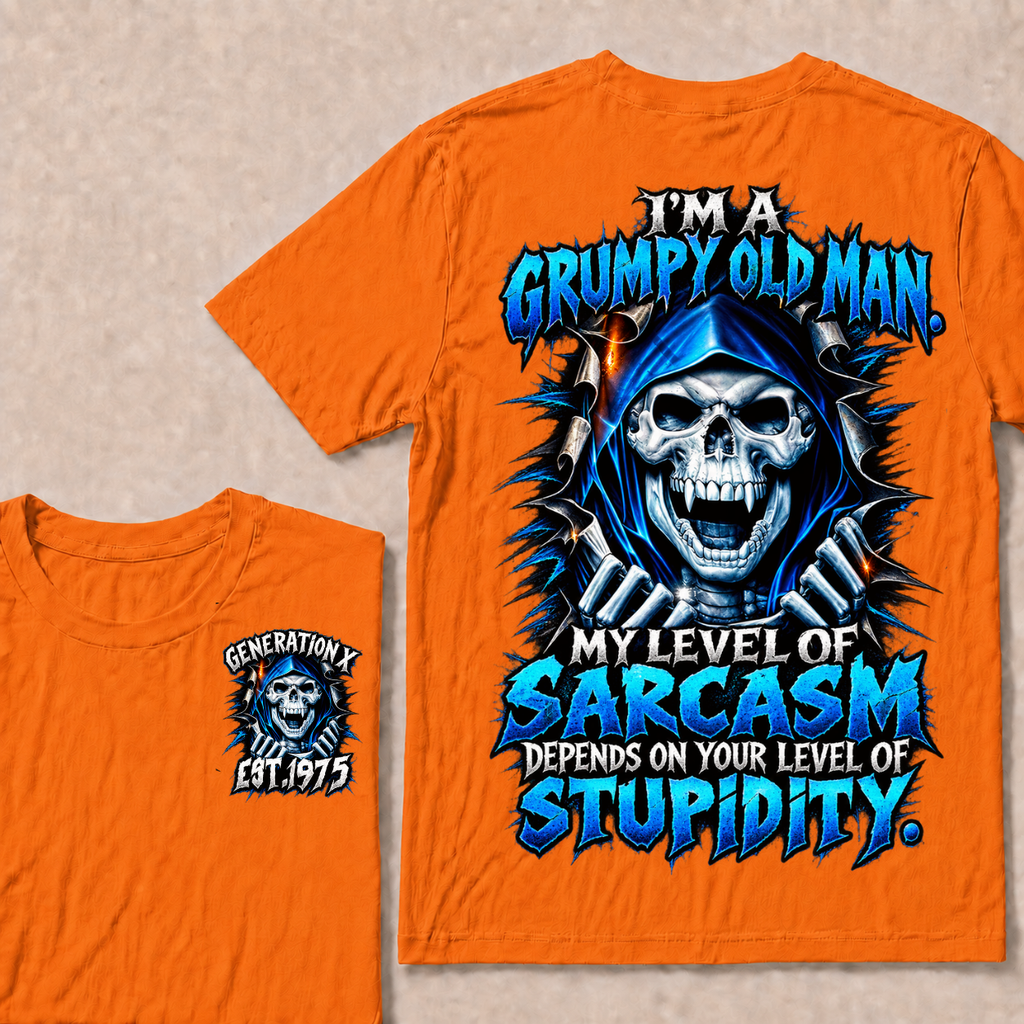 I'm A Grumpy Old Man My Level Of Sarcasm Depends On Your Level Of Stupidity Generation X EST.Year Blue Hooded Skull Double Sided Print T-Shirt
