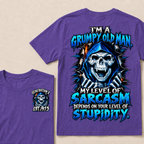 I'm A Grumpy Old Man My Level Of Sarcasm Depends On Your Level Of Stupidity Generation X EST.Year Blue Hooded Skull Double Sided Print T-Shirt