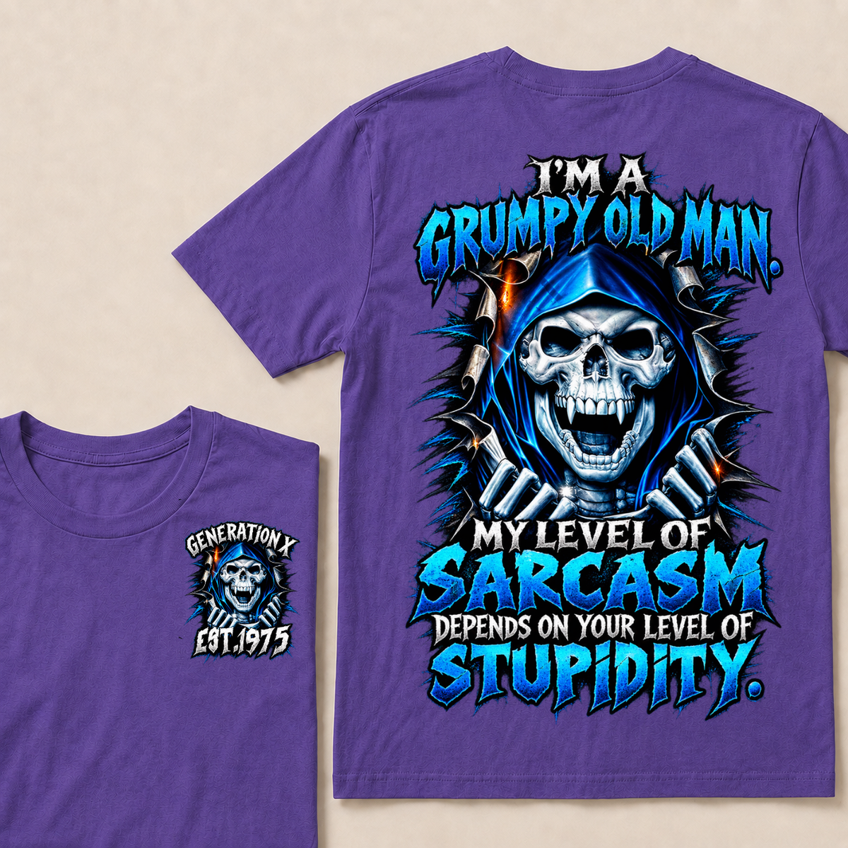 I'm A Grumpy Old Man My Level Of Sarcasm Depends On Your Level Of Stupidity Generation X EST.Year Blue Hooded Skull Double Sided Print T-Shirt
