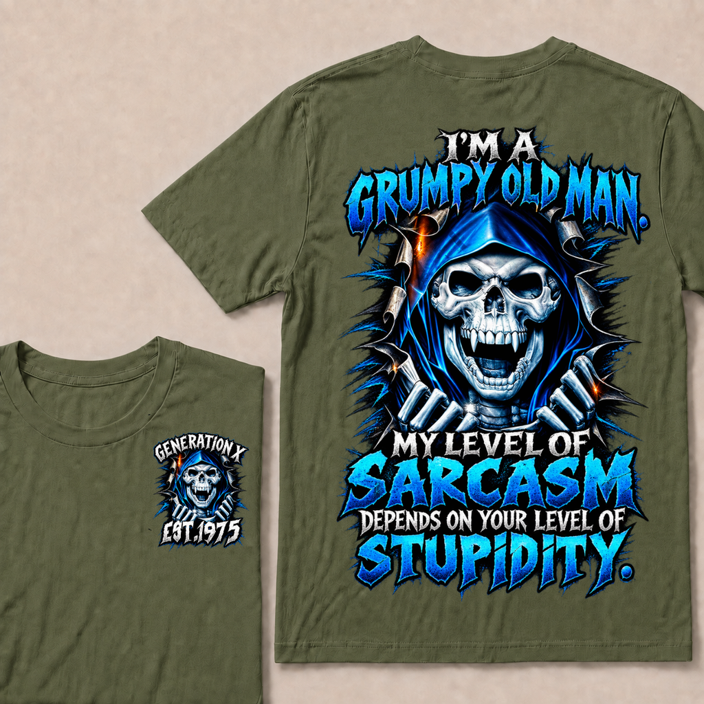 I'm A Grumpy Old Man My Level Of Sarcasm Depends On Your Level Of Stupidity Generation X EST.Year Blue Hooded Skull Double Sided Print T-Shirt