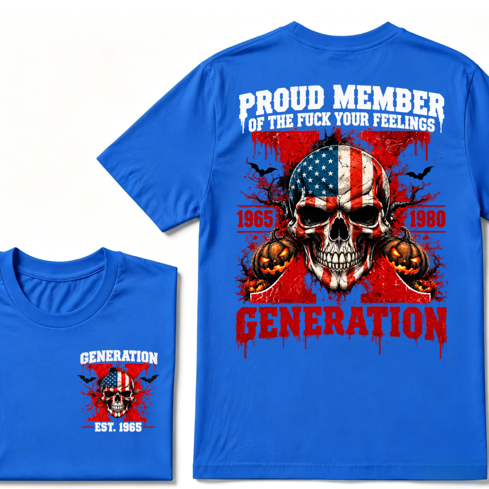 Gen X Proud Member Generation X 1965-1980 EST.Year American Flag Skull Halloween Pumpkin Print T-shirt, Patriotic Retro Gen X Graphic Tee