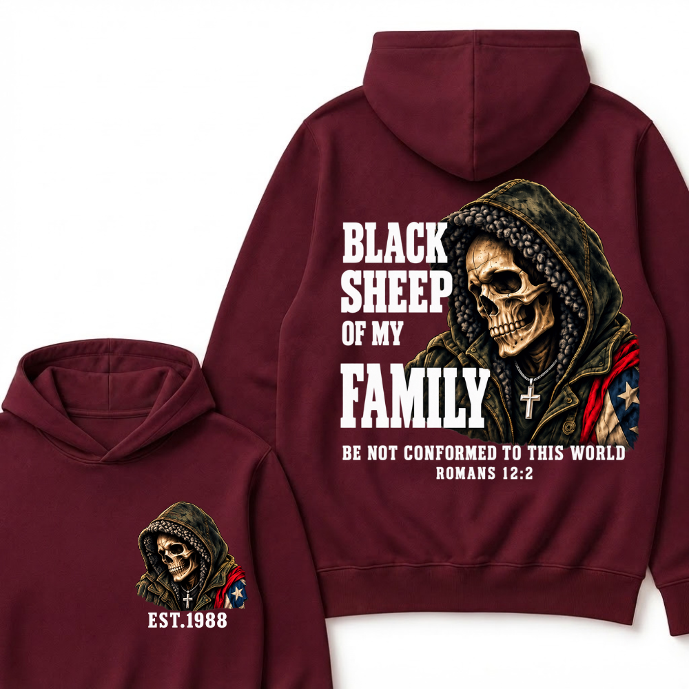 Custom EST Year Black Sheep Of My Family Romans 12:2 Bible Verse Skull Hoodie