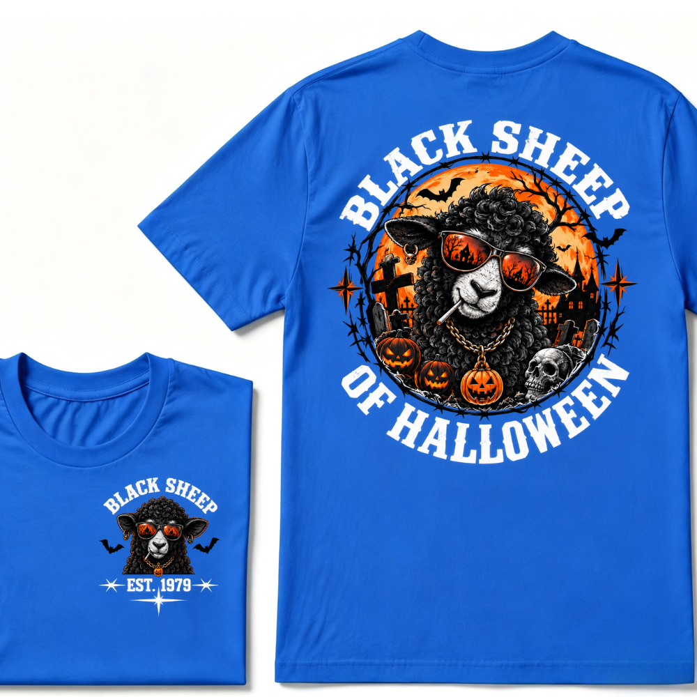 Black Sheep Of Halloween EST.Year Cool Sheep Sunglasses Pumpkin Graveyard Print T‑Shirt Retro Halloween Graphic Tee