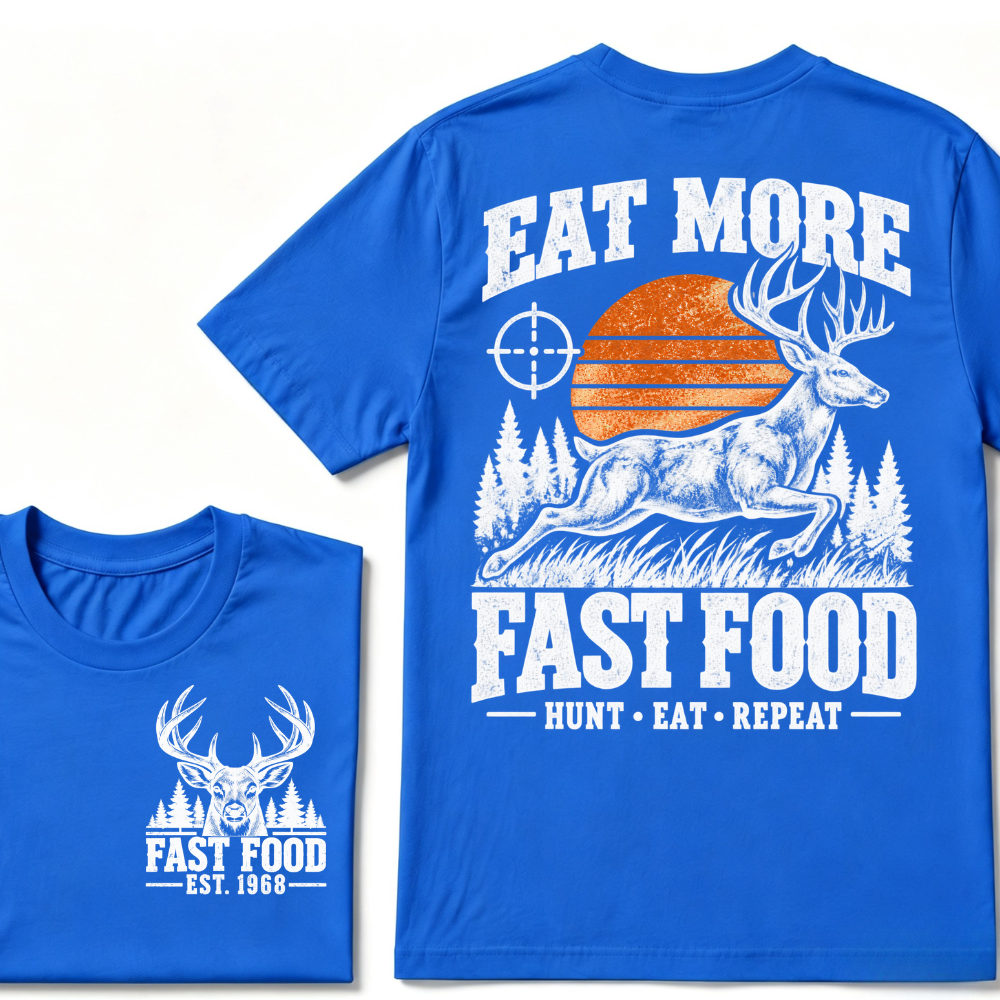 Eat More Fast Food Hunt Eat Repeat EST.Year Deer Hunting Retro Sunset Vintage Hunter Graphic Tee