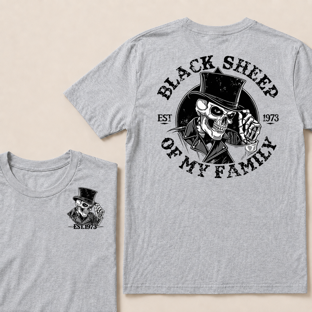 Black Sheep Of My Family Vintage Top Hat Skeleton Skull EST.Year T-Shirt, Gothic Family Quote Graphic Tee