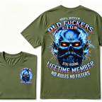 100% Bitter Old Fuckers Club Still Kicking Lifetime Member No Rules No Filters EST.Year Blue Lightning Beard Skull Double Sided Print T-Shirt