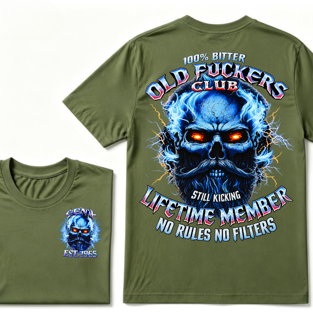 100% Bitter Old Fuckers Club Still Kicking Lifetime Member No Rules No Filters EST.Year Blue Lightning Beard Skull Double Sided Print T-Shirt