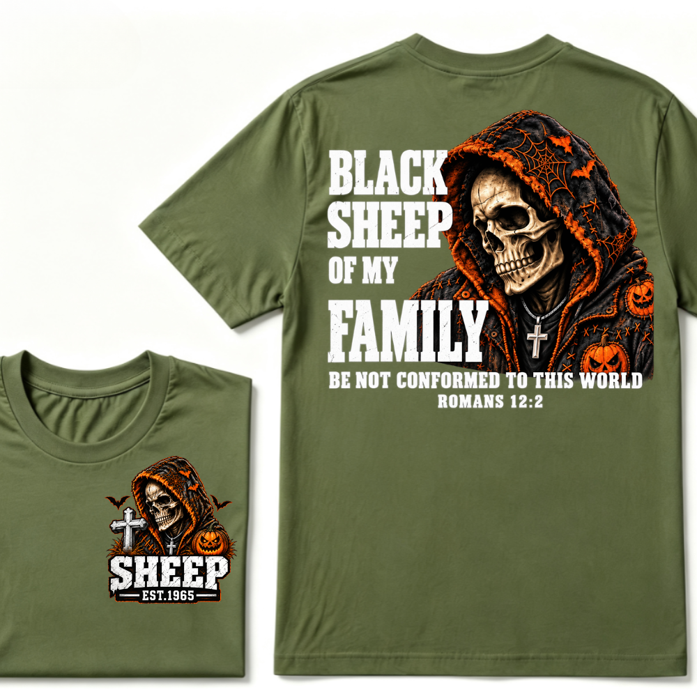 Black Sheep Of My Family Halloween Skull Hooded T-Shirt, Be Not Conformed To This World Romans 12:2 Christian EST.Year Pumpkin Bat Print Graphic Tee