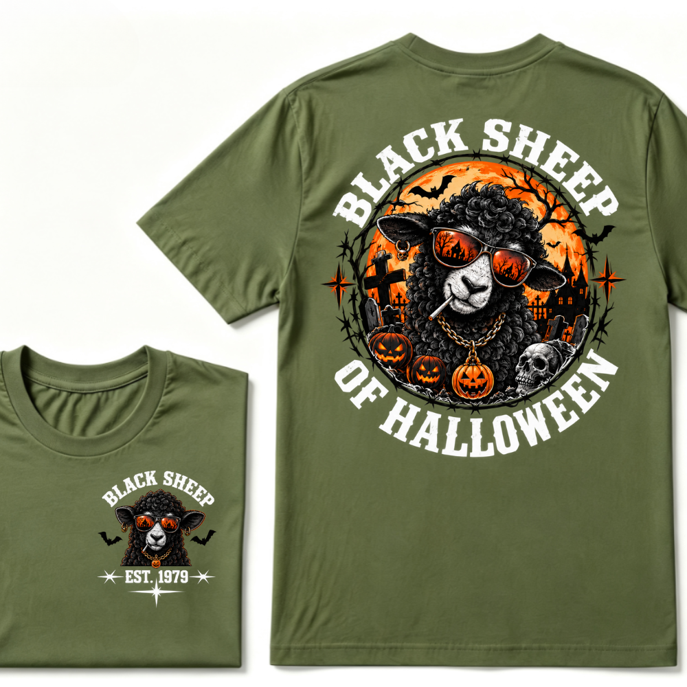 Black Sheep Of Halloween EST.Year Cool Sheep Sunglasses Pumpkin Graveyard Print T‑Shirt Retro Halloween Graphic Tee