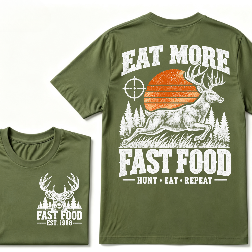 Eat More Fast Food Hunt Eat Repeat EST.Year Deer Hunting Retro Sunset Vintage Hunter Graphic Tee