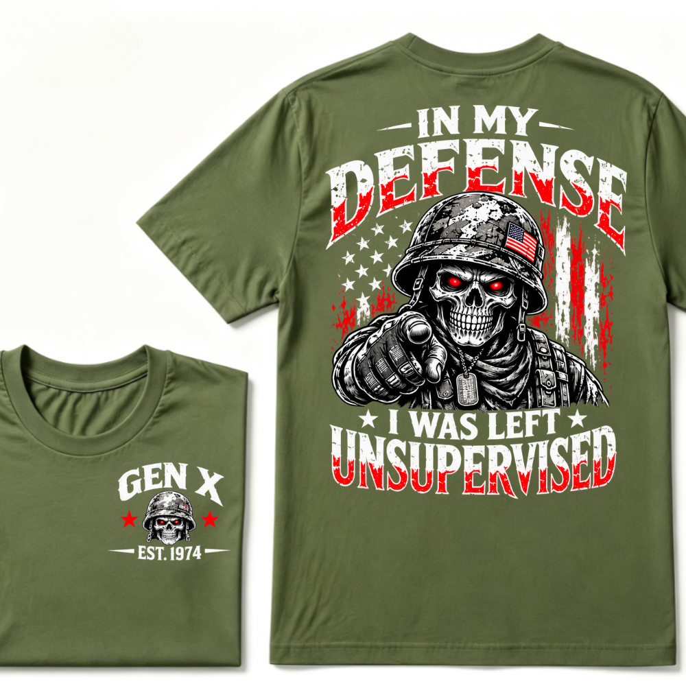 Gen X EST.Year In My Defense I Was Left Unsupervised Soldier Skull American Flag Graphic T-Shirt