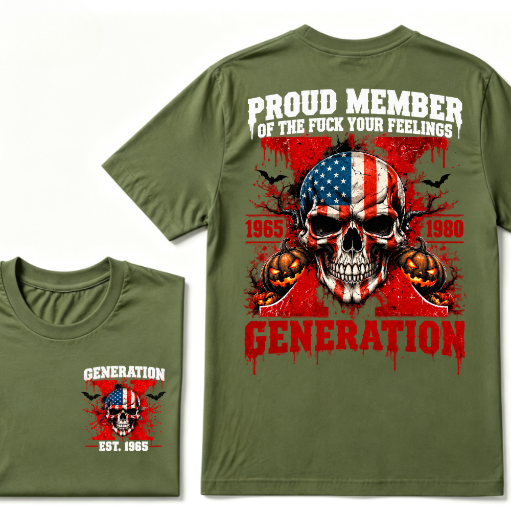 Gen X Proud Member Generation X 1965-1980 EST.Year American Flag Skull Halloween Pumpkin Print T-shirt, Patriotic Retro Gen X Graphic Tee