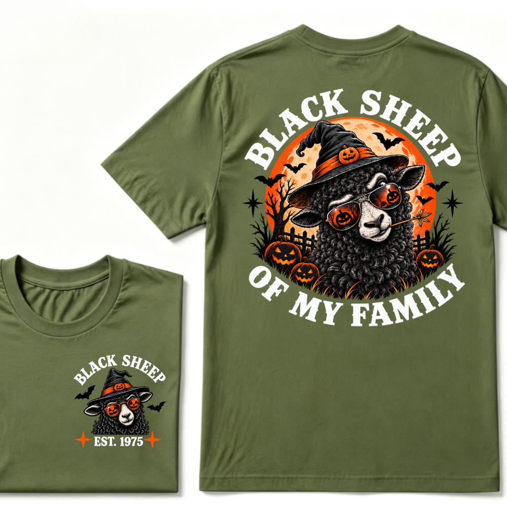 Black Sheep Of My Family EST.Year Halloween Witch Sheep T-Shirt, Pumpkin Bat Moon Spooky Front Back Print Graphic Tee